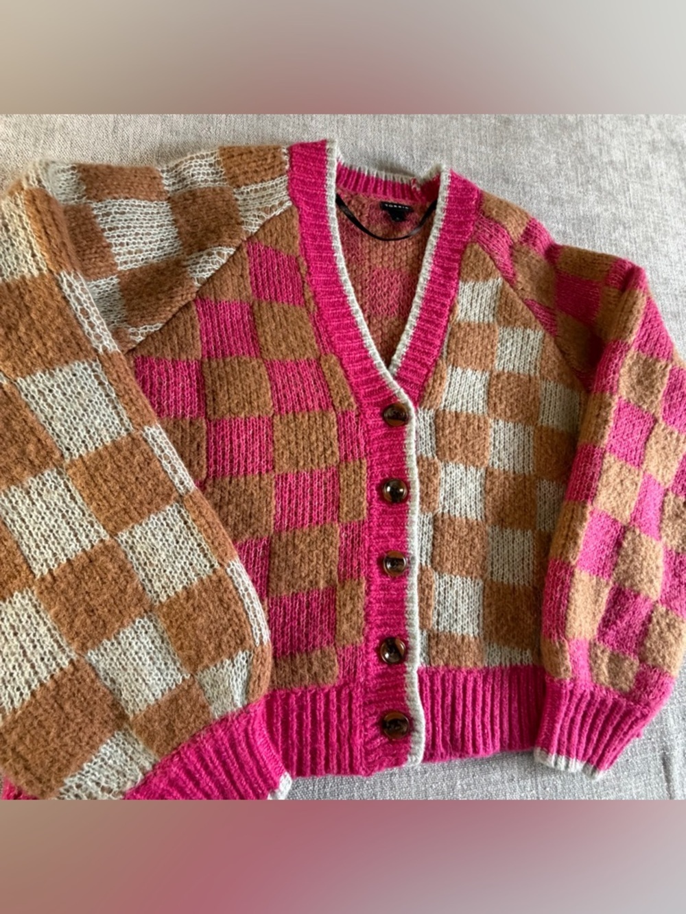 Torrid Chunky Cardigan V-Neck Button Front Sweater pink tan checkered - Picture 5 of 12